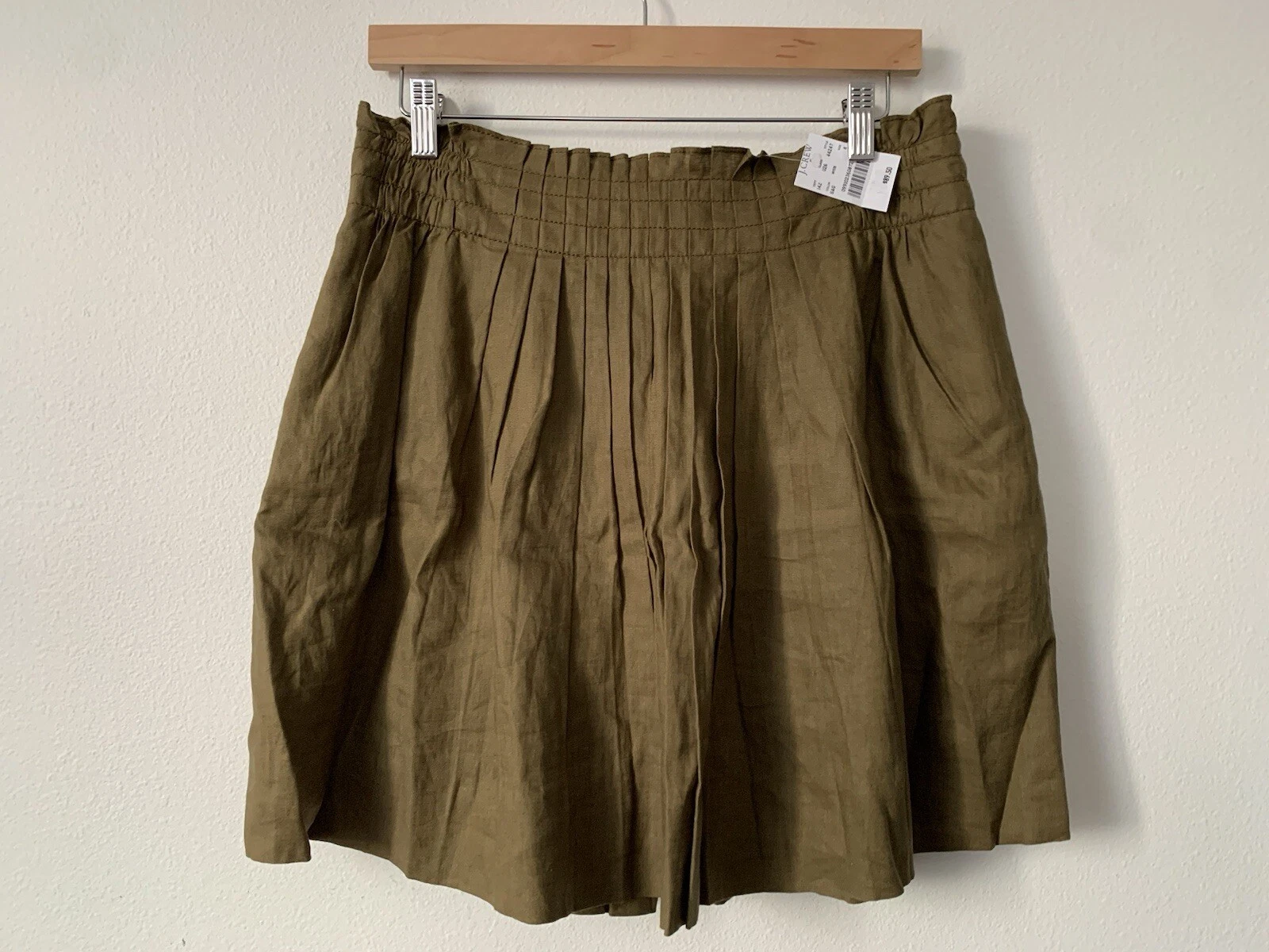 NEW J Crew Linen Skirt 8 M Olive Green Pockets Pleated Broomstick Neutral Earthy