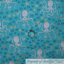 BonEful Fabric FQ Cotton Quilt Aqua White Gold Metallic Fish Ocean Beach Octopus