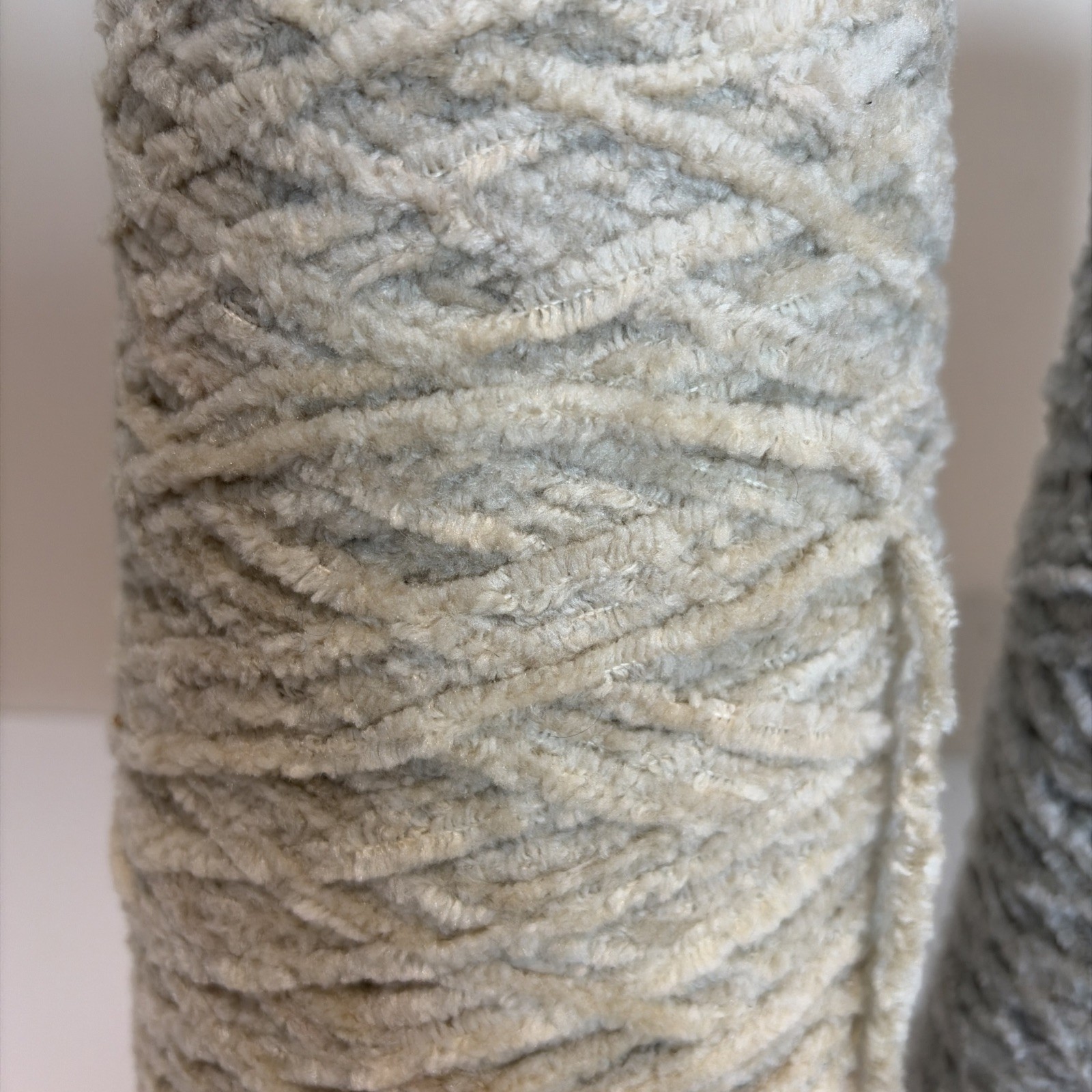 Lot of 2 Chenille Yarn Cones Spools Beige Blue Knitting Crochet Textured Weaving - second product detail image