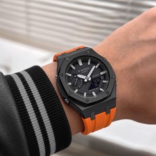 Custom Casio G-Shock GA2100 Watch - Casioak Black Metal Case & Orange Strap
