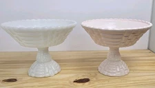 Pair Vintage Jeanette Shell Pink & White Milk Glass Louisa Pedestal Bowls 1950’s
