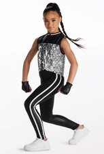 Dance Costume Weissman 15469 Medium Child Silver 2 pc Hip Hop Sequin Black Tight