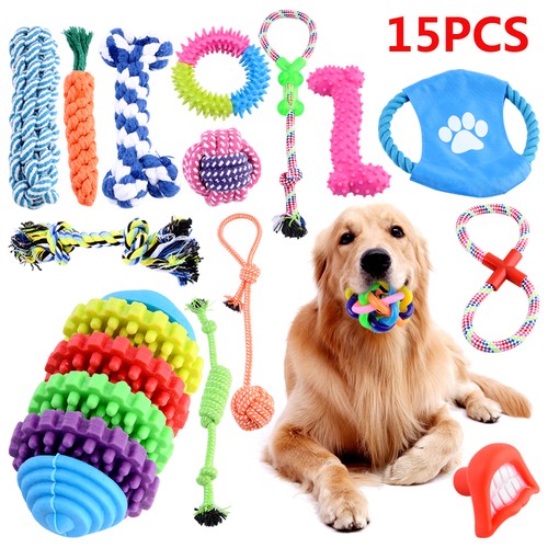 15x Tough Dog Toys Bundle Chew Rope Knot Ball Squeakers Pet Puppy Teething Toy