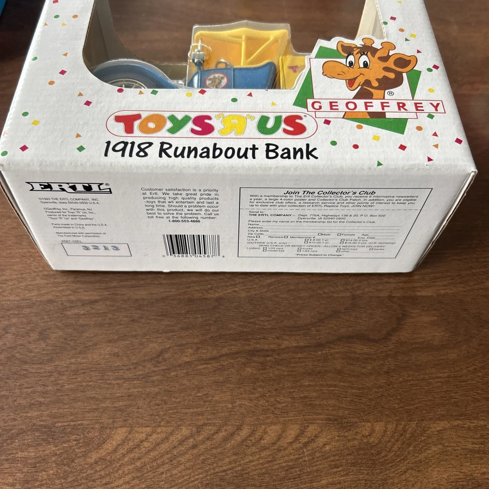 NEW Vintage Toys R Us Geoffrey 1918 Runabout Die Cast Bank ERTL 1993 SEALED - Image 4 of 4