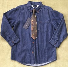 NWT Tommy Hilfiger KIds Boy's Sz 5 Long Sleeve Denim Shirt w/ Tie 2 pc Blue New