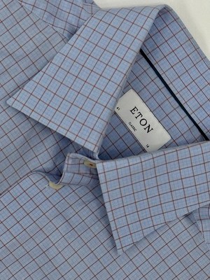 Eton Classic Fit Dress Shirt 41 16 Blue Micro Check Red Windowpane Quiet Luxury