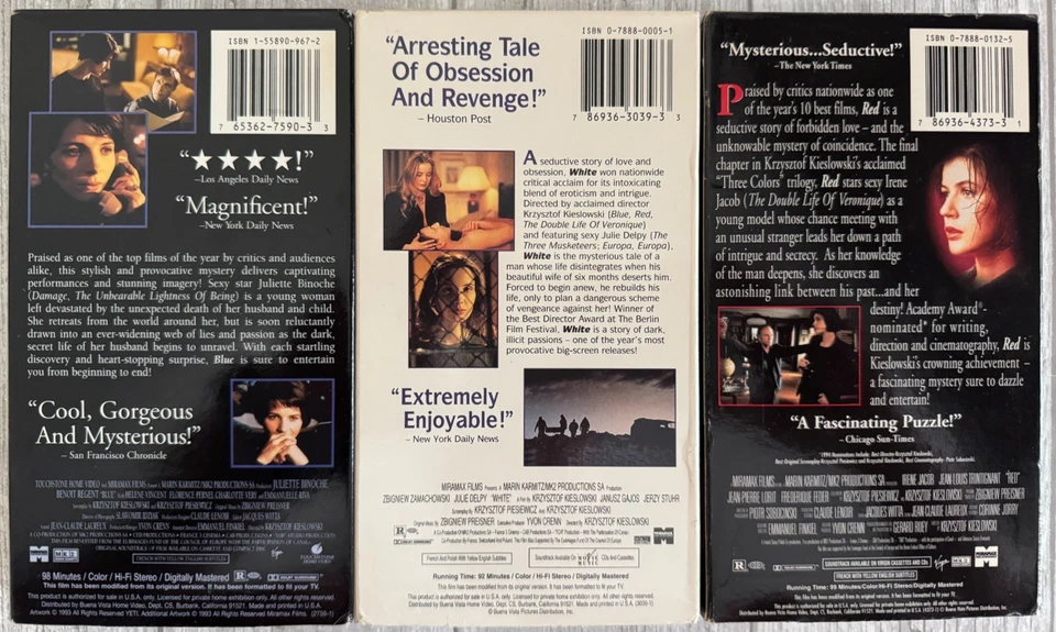 Three Colors Trilogy Blue White Red VHS Juliette Binoche Julie Delpy Irene Jacob - Image 2 of 3