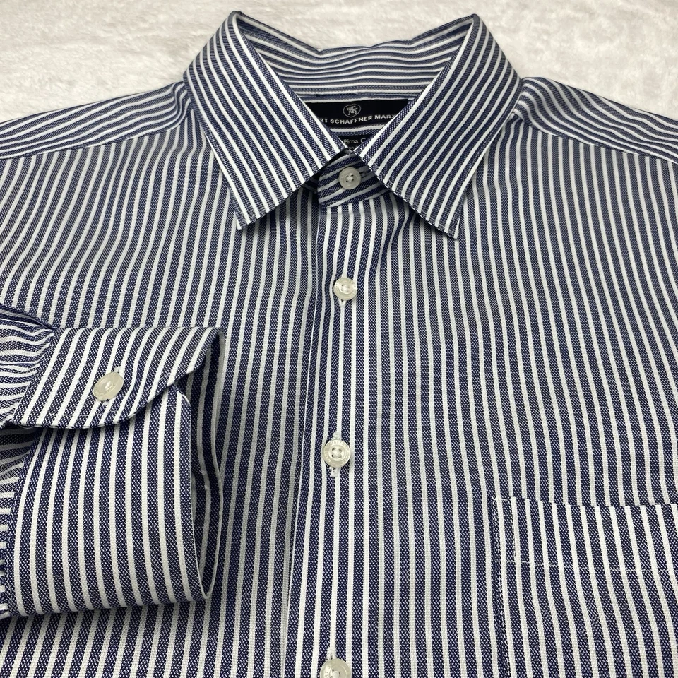 Camisa de vestir Hart Schaffner Marx para hombre 17/33 rayas azules/blancas regular sin hierro Foto 4 de 4