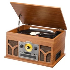 10-in-1 Record Player with Built-in Speakers Wireless Playback, CD  Mahogany