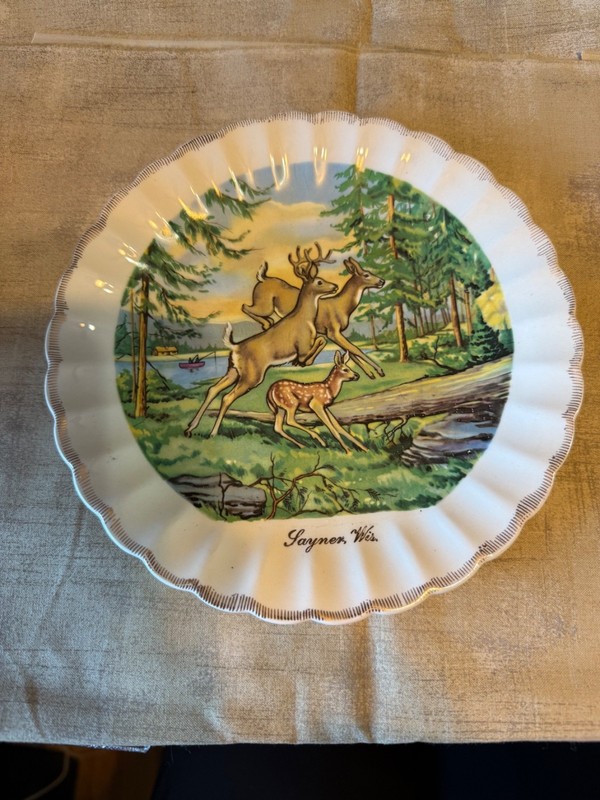 Vintage Sayner Wisconsin Deer Souvenir Collector Plate – Scalloped Edge Forest S