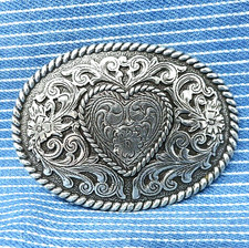 Country Love Cowgirl Heart Scroll Dress Belt Buckle Vtg 90s Western   .CVB780