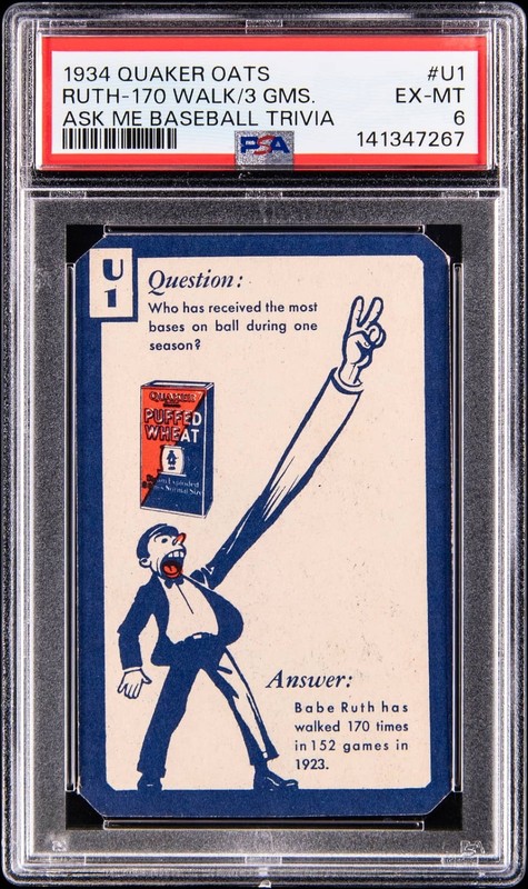 1934 BABE RUTH QUAKER PUFFED WHEAT BASEBALL TRIVIA #U1 PSA 6