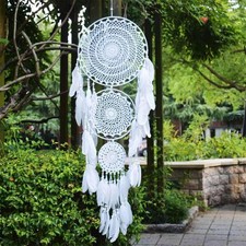 Large White Dream Catcher with Beaded Nature Feathers Wall Hanging Decoration...