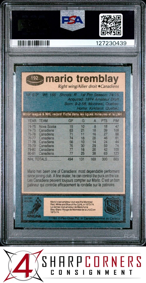 1981 O-PEE-CHEE #192 MARIO TREMBLAY CANADIENS POP 3 PSA 8.5 - Image 2 of 3