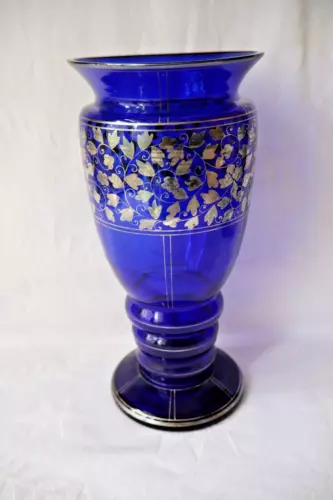 Antique Bohemian Wiener Werkstatte style glass vase silver overlay c 1910-1920