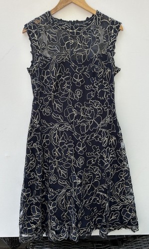 Tadashi Shoji Dress 10 Navy Blue Gold Embroidered Floral A Line Cocktail Party