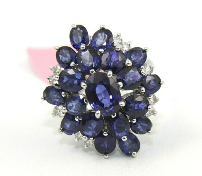 Natural Oval Blue Ceylon Sapphire & Diamond Cluster Ring 14k White Gold 7.69Ct