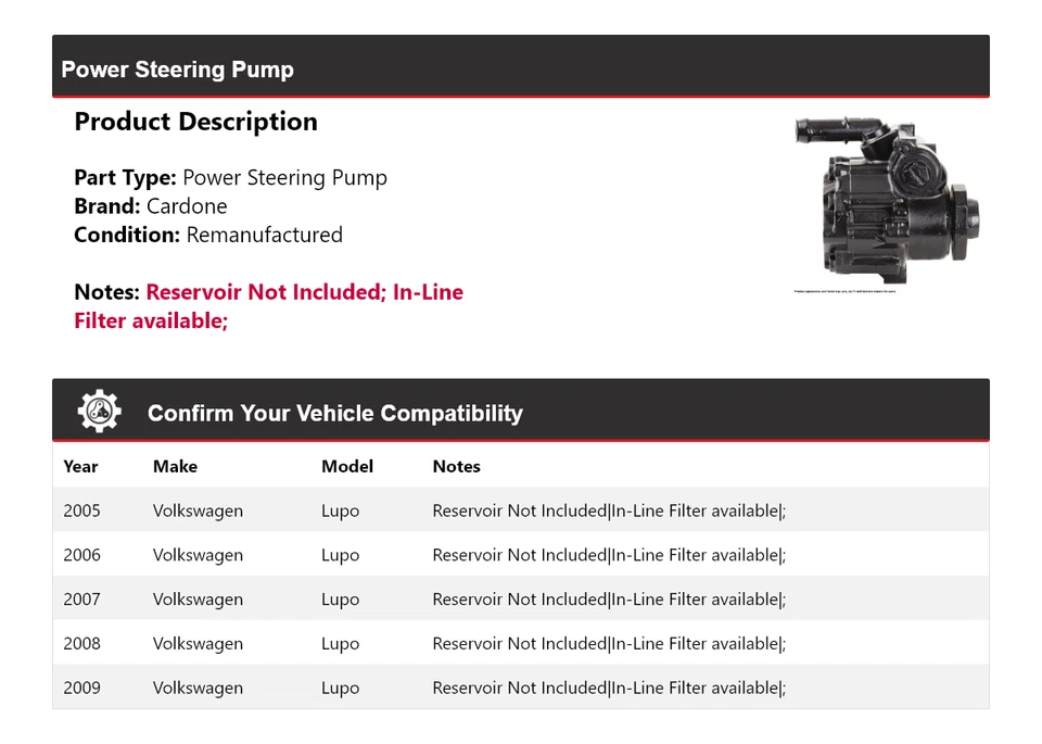 Насос гидроусилителя руля Cardone для Volkswagen Lupo 2005-2009 годов выпуска 2006 2007 2008 годов выпуска - Изображение 2 из 4