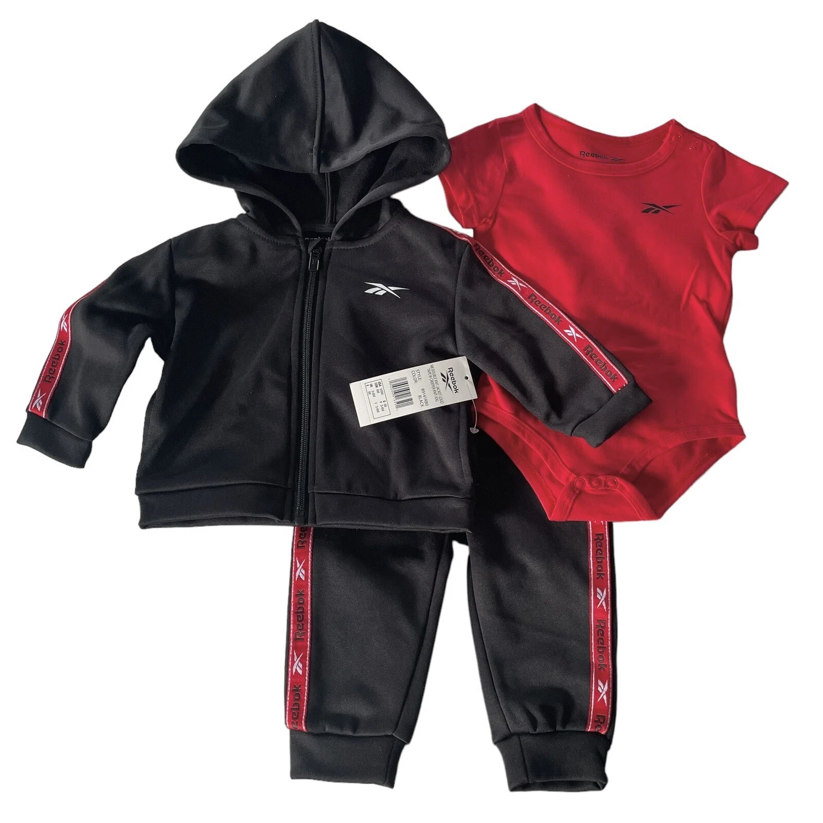 NEW Reebok Baby Boy Infant 3 Pc Track Suit Outfit Set Black Red Size 3-6 Months