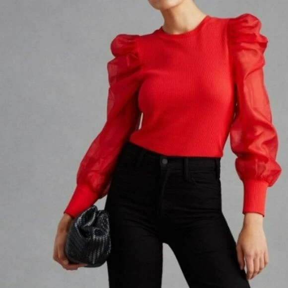 Anthropologie Dolan Womans Medium Left Coast Puff Sleeve Ribbed Body Sheer Sleev