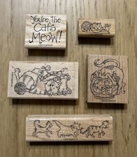 lots of 5 wooden rubber stamps cat kitten crafts 2005