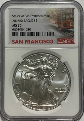 2016 (S) $1 Silver Eagle NGC MS70 Struck At San Fransico .999 Fine Trolley Lbl