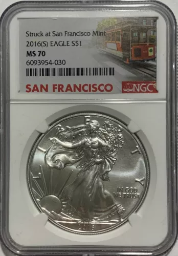 2016 (S) $1 SILVER EAGLE NGC MS70 STRUCK AT SAN FRANCISCO .999 FINE TROLLEY LABL