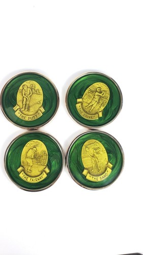 Lot of 4 Vintage Golf Coasters Brass Medallion Set Heavy Green Marbled 