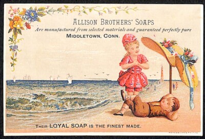 Middletown, CONN Victorian Trade Card Allison Brothers' Soaps Boy Girl at Beach