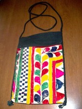 Vintage India Drawstring Fabric Bag Treaded Design Lined Zippered Front Section