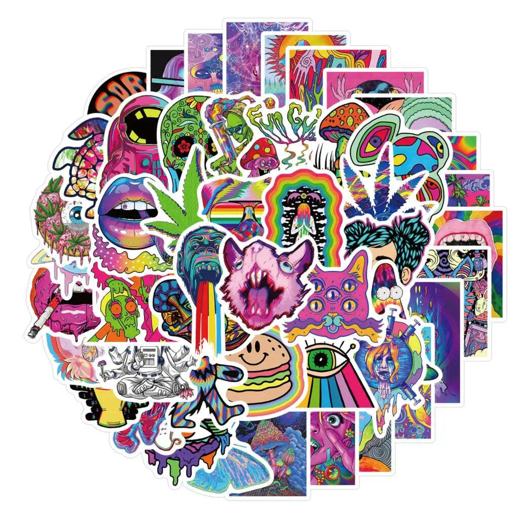 52PCS Cartoon Colorful Psychedelic Trippy Stickers Aesthetics Laptop Guitar Lugg
