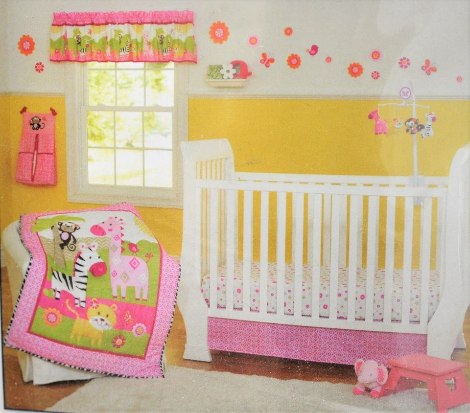 Juego de 3 piezas de guardería rosa para niña Garannimal safari soleado edredón sábana con volantes Foto 3 de 3