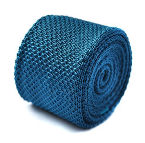 Frederick Thomas Knitted Silk Mens Tie - Turquoise Blue - Plain Skinny Wedding