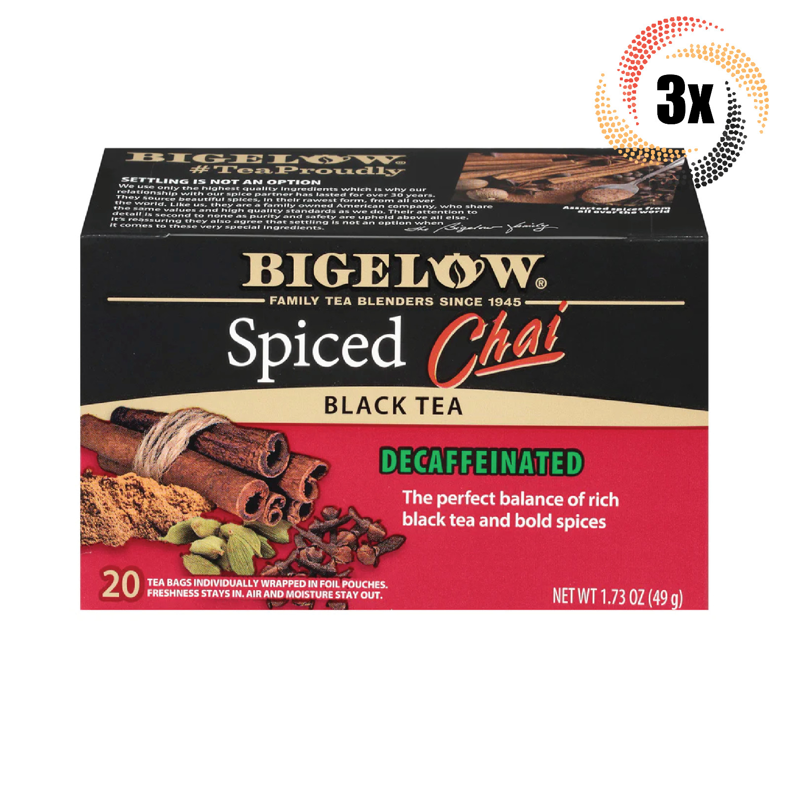 3 упаковки черного чая Bigelow Spiced Chai без кофеина по 20 пакетиков в каждой 173 унции 4690₽