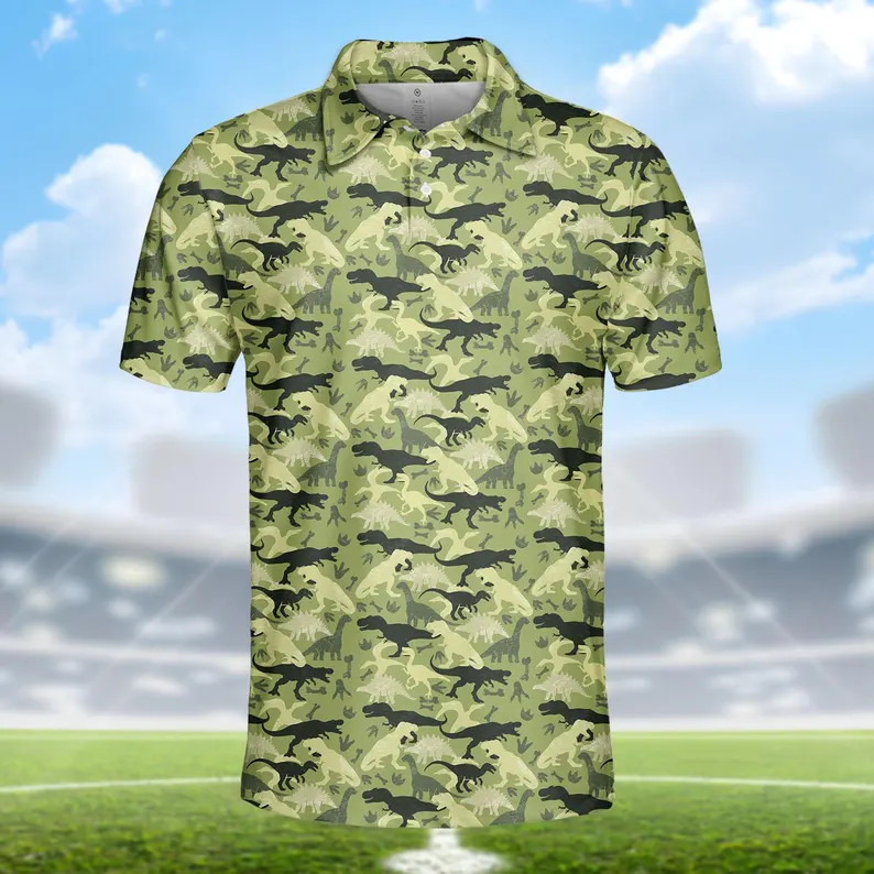 Dinosaur Polo Shirt Men Women Green Casual Funny Dino Fan Gift