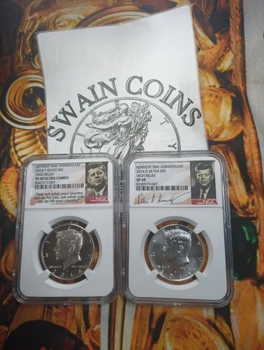 2014 50C Silver Kennedy Half  PF69,SP69 50th Anniversary High Relief ER113-118