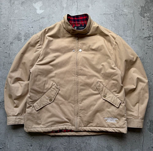 GU x UNDERCOVER Mens Bomber Jacket Beige L Cotton Lined Plaid Pockets Zip - product listing photo