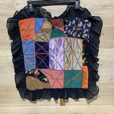 Antique Vintage Crazy Quilt Block Pillow Case Embroidery 17'' x 17'' Handmade