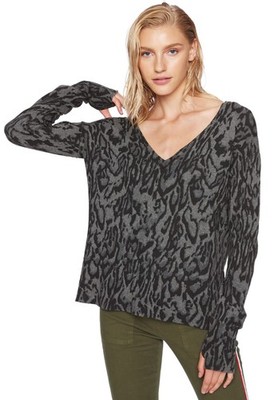 Pam & Gela Womens Ocelot V-Neck Sweater Small Grey - NWT $245
