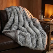 Long Pile Faux Fur Throw Blanket, Luxury Fluffy with Black Tipped Throws for ...