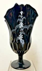 Fenton Art Glass Black Swung Thumbprint Handkerchief Vase Hand Painted 9" Tall