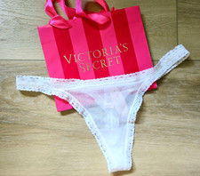 NWT Vintage Victoria's Secret White Sheer Mesh Lace Trim Thong Panties S