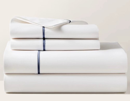 Ralph Lauren Palmer Percale Flat Sheet Polo Navy Trim Organic Cotton $125 - Twin - Picture 2 of 5