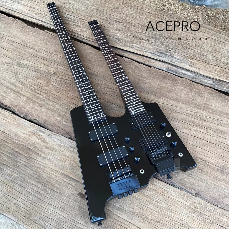 Double Neck Headless 4 String Bass on top 6 String Electric Guitar