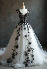 Gothic Wedding Dresses Cap Sleeves 3D Flowers A Line V Neck Bridal Gowns Custom