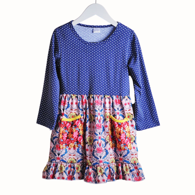NWT GIRLS 5 years NAVY MIXED PRINT LONG SLEEVE POCKET DRESS Classroom Ready