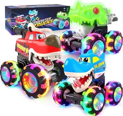 Monster Truck Toys, 3 Pack Light Up Cars for Toddlers, Baby Animal Toy Trucks...
