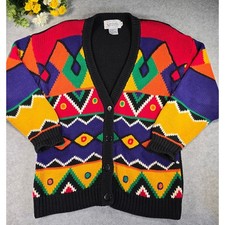 Santoria 90s Colorful Knit Cardigan Sweater Womens SM Art Oversize Abstract Vtg