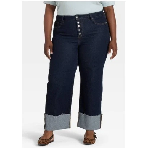 Pantalones de mezclilla para mujer Ava & Viv pierna recta botón mosca talla 24 pierna ancha con puños Foto 2 de 4