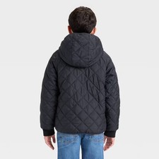 Cat  Jack Boys Black Quilted Puffer Jacket Faux Fur Lined Hooded Size M 8